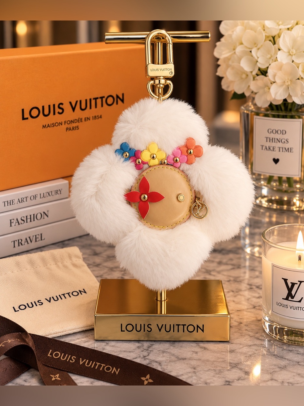 White Fur Flower Key Charm with Multicolor Leather Blooms